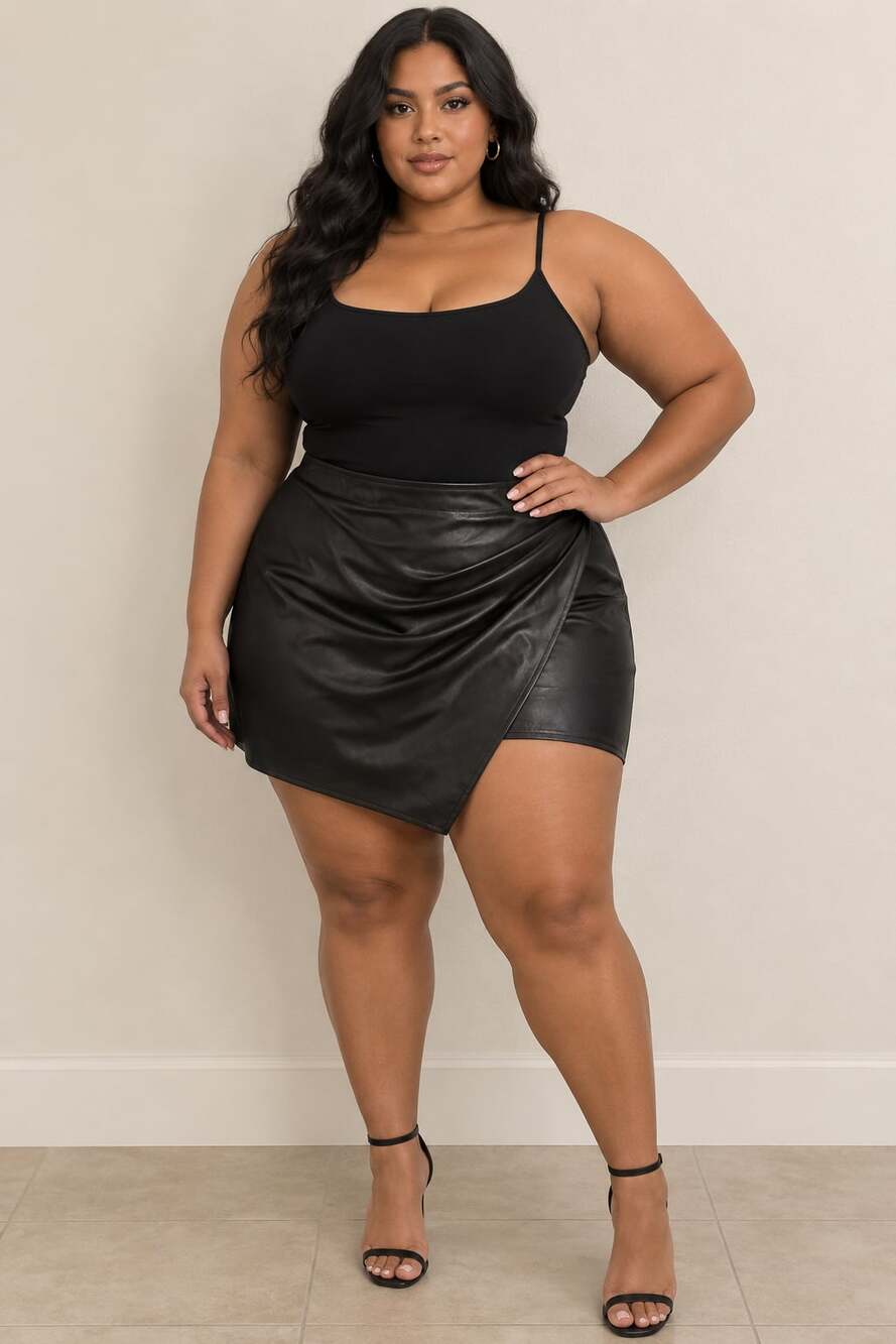 SHEIN CURVE Black Faux Leather Asymmetrical Wrap Mini Skirt